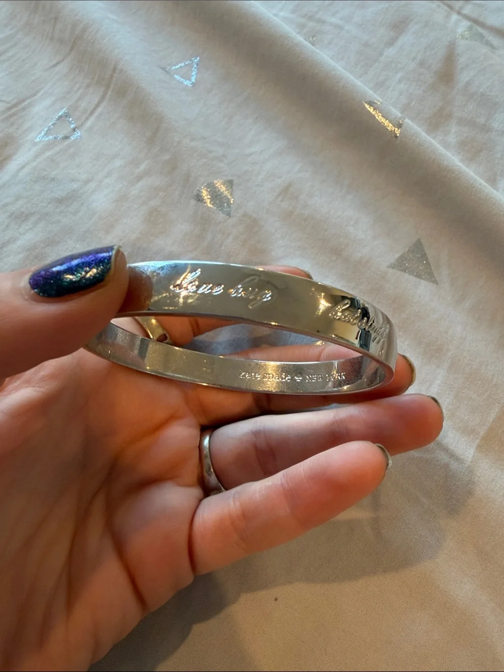 Kate Spade “be mine” Idiom Silver Engraved Metal Bangle Bracelet